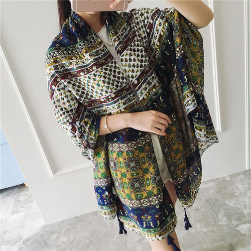 180*100cm Women Scarf Totem Triabl national style Scarf Tassel Painted Soft Cotton Long Wraps Shawls Scarves ILML