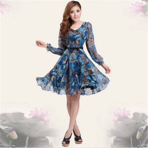 Bohemian Womens V-neck Chiffon Pleated Floral Gown Prom Chiffon Dresses Y4 ILML