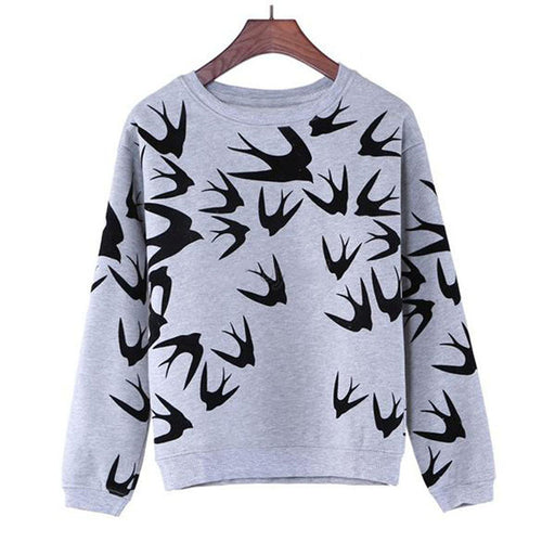 Casual Women Swallow Printing O Neck Long Sleeve Loose Sweatshirt Pullovers Tops Clothes ILML