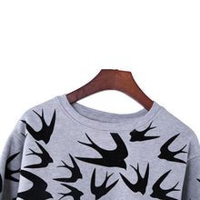 Casual Women Swallow Printing O Neck Long Sleeve Loose Sweatshirt Pullovers Tops Clothes ILML