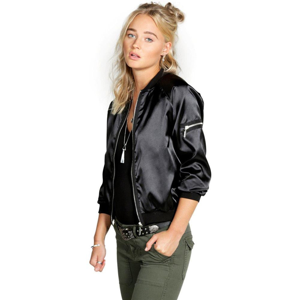 European Style outwear Womens Long Sleeve O-Neck Short Zipper Slim Bomber Jacket Coat Pilot Bomber Jackets ILML