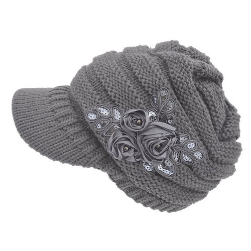 Ctue Women's Cable Knit Visor Hat With Flower Accent ILML
