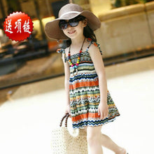 Baby Girls Dress with Necklace Children Graceful Printed Beach Dress Bohemian Style Girl Dresses ILML