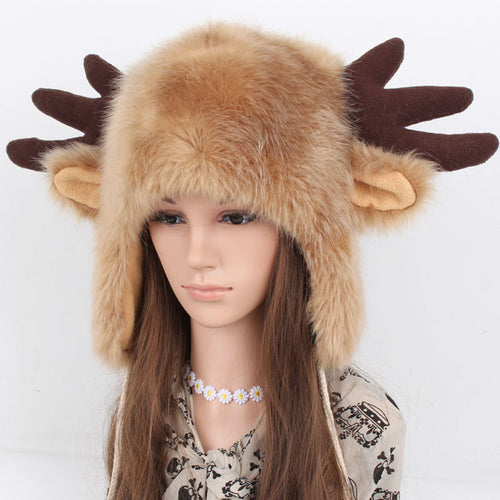 Ctue Women Ladies Fur Russian Pillbox Hat Women's Warm Hat Elk Horn ILML