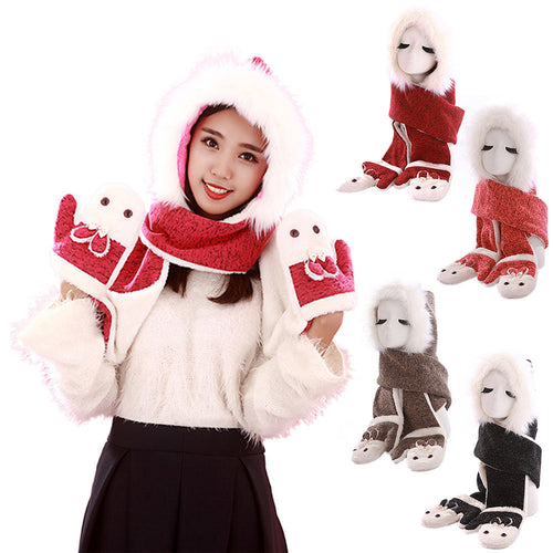 Warm Adult Rabbit Hat Scarf Gloves Three-Piece ILML