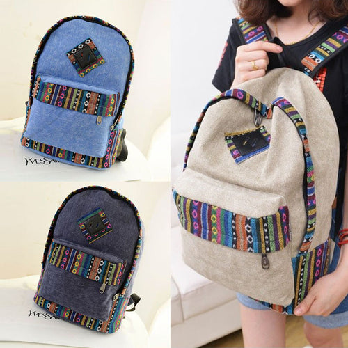 Novel Canvas Backpack Floral Stripe School Shoulder Bag Travel Rucksacks in stock ILML