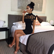 Party Night Turtle Neck Dress Hollow Out Mesh Slim Dresses Sexy Skinny Cut Off Black Mini Bodycon Brand Vestidos ILML