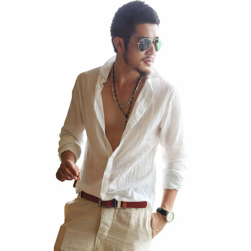 Slim Casual Men'S Linen Turn Down Collar Single Slim Leisure Shirt ILML