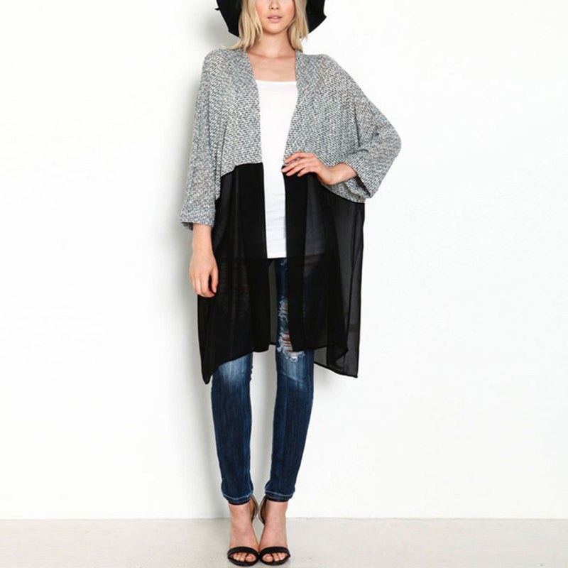 Women Bat Sleeved Long Casual Coat Cardigan Knitted Patchwork Shirt ILML