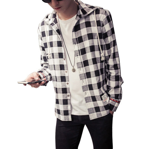 Men Boy Shirts Long Sleeve Cotton Plus Size Hooded Plaid Linen Blouse M-5XL Y3 ILML