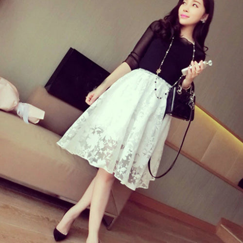 Elegant Ladies Lace Flower Print Skirt Women Double Layer Skirts Elastic Waist Skirt ILML