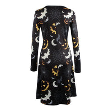 Elegant Women Bat And Moon Polyester Print Dress With Full Sleeve And O-neck For Halloween ILML