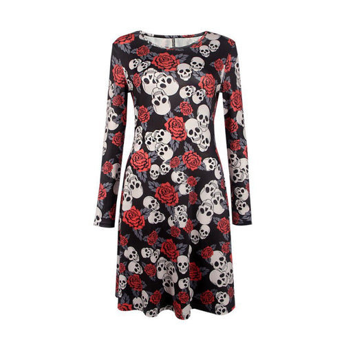 Elegant Women Bat And Moon Polyester Print Dress With Full Sleeve And O-neck For Halloween ILML