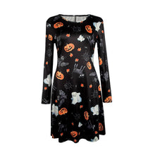 Elegant Women Bat And Moon Polyester Print Dress With Full Sleeve And O-neck For Halloween ILML