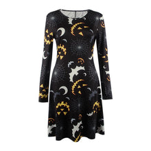 Elegant Women Bat And Moon Polyester Print Dress With Full Sleeve And O-neck For Halloween ILML