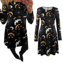 Elegant Women Bat And Moon Polyester Print Dress With Full Sleeve And O-neck For Halloween ILML