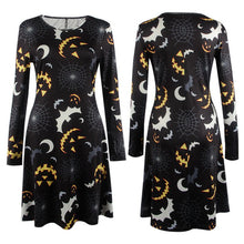 Elegant Women Bat And Moon Polyester Print Dress With Full Sleeve And O-neck For Halloween ILML