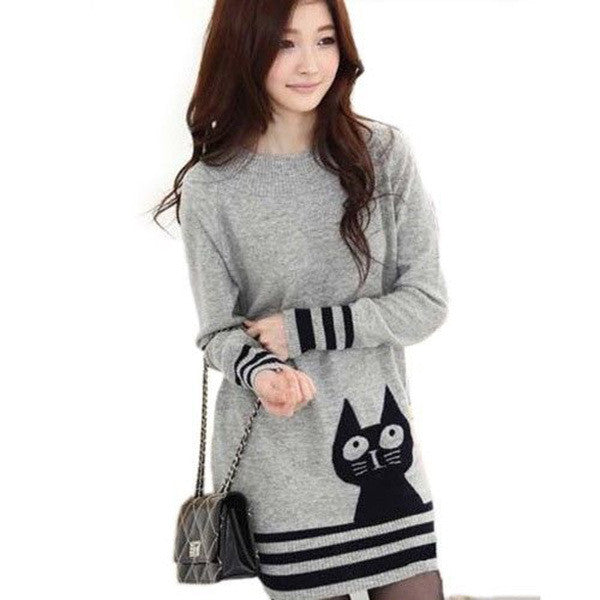 Elegant Women Long Sleeve Sweater Cute Cat Pattern O Neck Knitted Pullover Tops Knitwear ILML