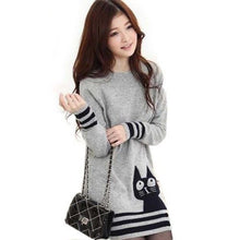 Elegant Women Long Sleeve Sweater Cute Cat Pattern O Neck Knitted Pullover Tops Knitwear ILML