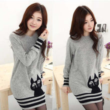 Elegant Women Long Sleeve Sweater Cute Cat Pattern O Neck Knitted Pullover Tops Knitwear ILML