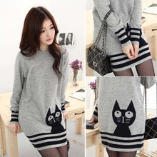 Elegant Women Long Sleeve Sweater Cute Cat Pattern O Neck Knitted Pullover Tops Knitwear ILML