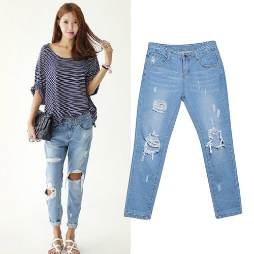 Jeans Women Loose Low Waist Washed Vintage Big Hole Ripped Long Denim Pencil Pants L4 ILML