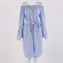 Sexy Dress Choker Neck Side Slit Off Shoulder Long Shirt Dress Vertical Striped Dress With Belt Bow Button Dresses ILML