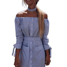Sexy Dress Choker Neck Side Slit Off Shoulder Long Shirt Dress Vertical Striped Dress With Belt Bow Button Dresses ILML
