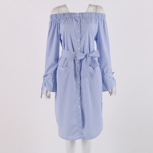 Sexy Dress Choker Neck Side Slit Off Shoulder Long Shirt Dress Vertical Striped Dress With Belt Bow Button Dresses ILML