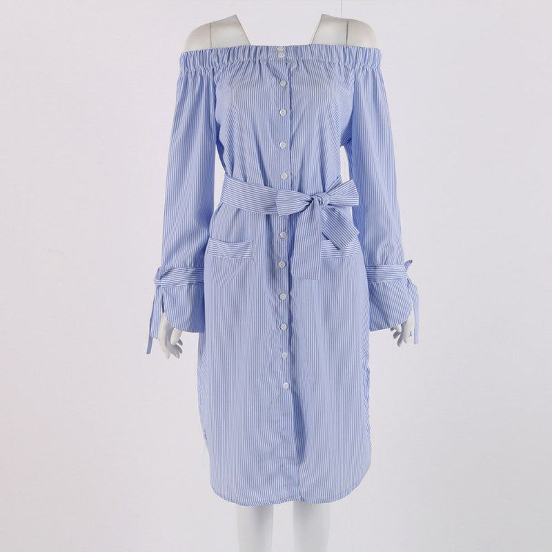 Sexy Dress Choker Neck Side Slit Off Shoulder Long Shirt Dress Vertical Striped Dress With Belt Bow Button Dresses ILML