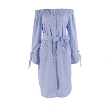 Sexy Dress Choker Neck Side Slit Off Shoulder Long Shirt Dress Vertical Striped Dress With Belt Bow Button Dresses ILML
