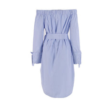 Sexy Dress Choker Neck Side Slit Off Shoulder Long Shirt Dress Vertical Striped Dress With Belt Bow Button Dresses ILML