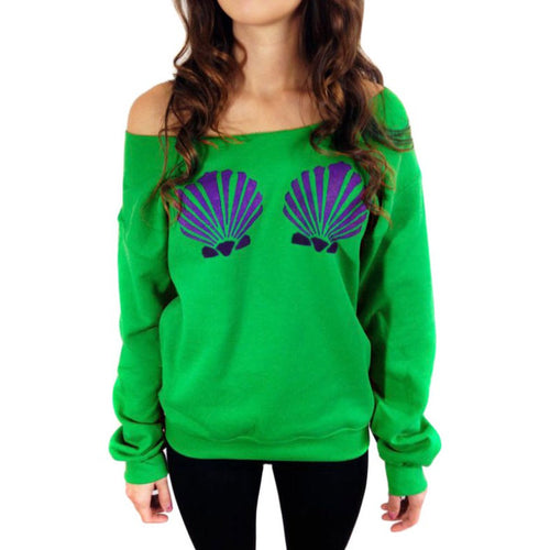 Shell Printed Women Off Shoulder Tops Long Sleeve Hoodies Slim Fit Casual Mermaid Sweatshirts Pullovers ILML