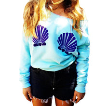 Shell Printed Women Off Shoulder Tops Long Sleeve Hoodies Slim Fit Casual Mermaid Sweatshirts Pullovers ILML