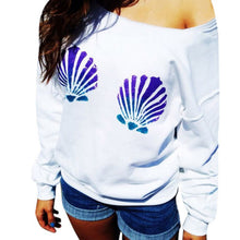 Shell Printed Women Off Shoulder Tops Long Sleeve Hoodies Slim Fit Casual Mermaid Sweatshirts Pullovers ILML