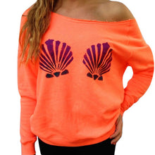 Shell Printed Women Off Shoulder Tops Long Sleeve Hoodies Slim Fit Casual Mermaid Sweatshirts Pullovers ILML