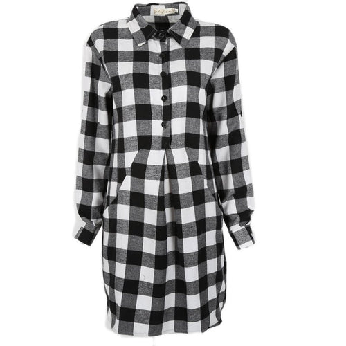 Plaid Shirt Dress Leisure Vintage Long Plaid Check Print Casual Shirt Dresini Plus Size Party Dresses ILML