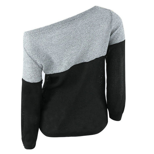 Sexy Off Shoulder Women Basic Pullovers Long Sleeve Knitted Warm Sweaters Jumper Tops Patchwork Pullovers ILML