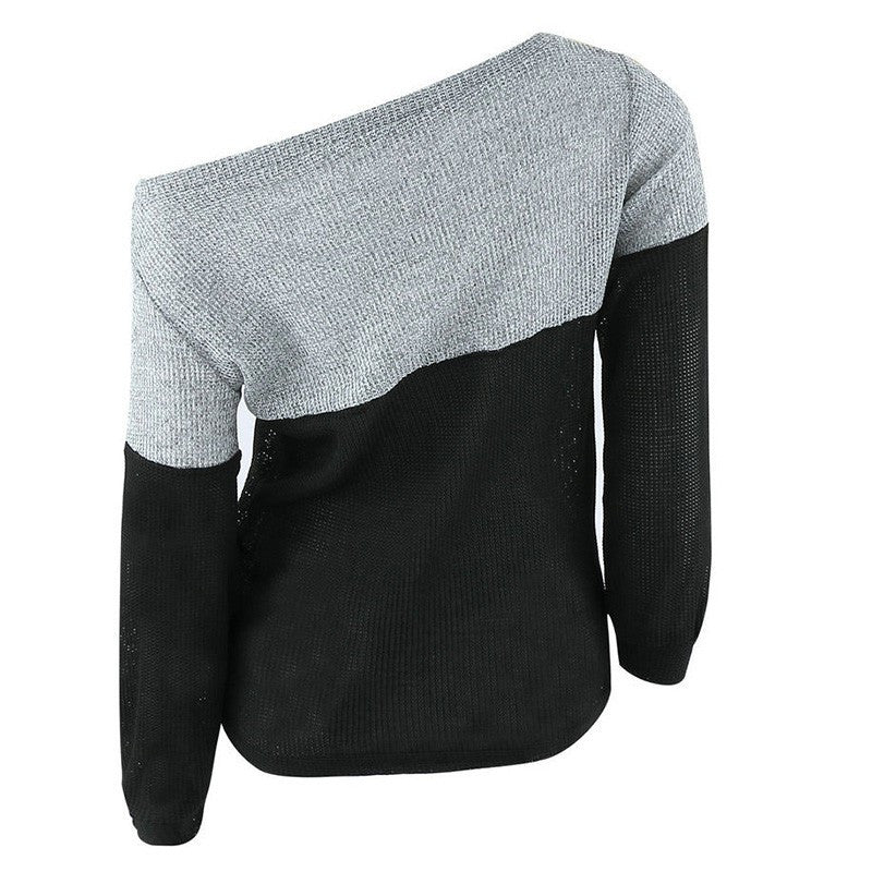 Sexy Off Shoulder Women Basic Pullovers Long Sleeve Knitted Warm Sweaters Jumper Tops Patchwork Pullovers ILML