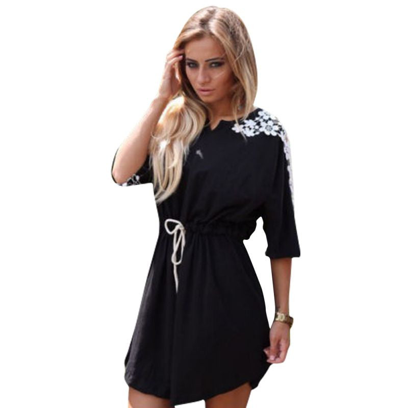 BOHO Women's Casual Short Shirt Dress Belted Short Sleeve V-Neck Beach Dresses ILML