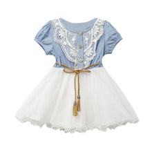 Baby Kids Girl Short Sleeve Denim Lace Dresses Tops White Guaze Children Tutu Dress Sundress 1-6Y  ILML