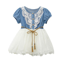 Baby Kids Girl Short Sleeve Denim Lace Dresses Tops White Guaze Children Tutu Dress Sundress 1-6Y  ILML