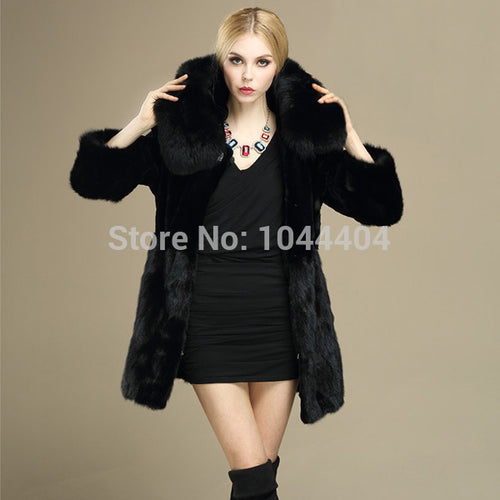 Brand Luxury Women Rabbit Fur Coat Fox Fur Collar Hooded Long Jacket Parka ILML