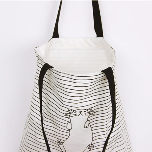 Casual women bag Striped Napping Cat hbags Shoulder Shopping Bag Travel Bags Canvas Tote hbag women bags bolsas ILML