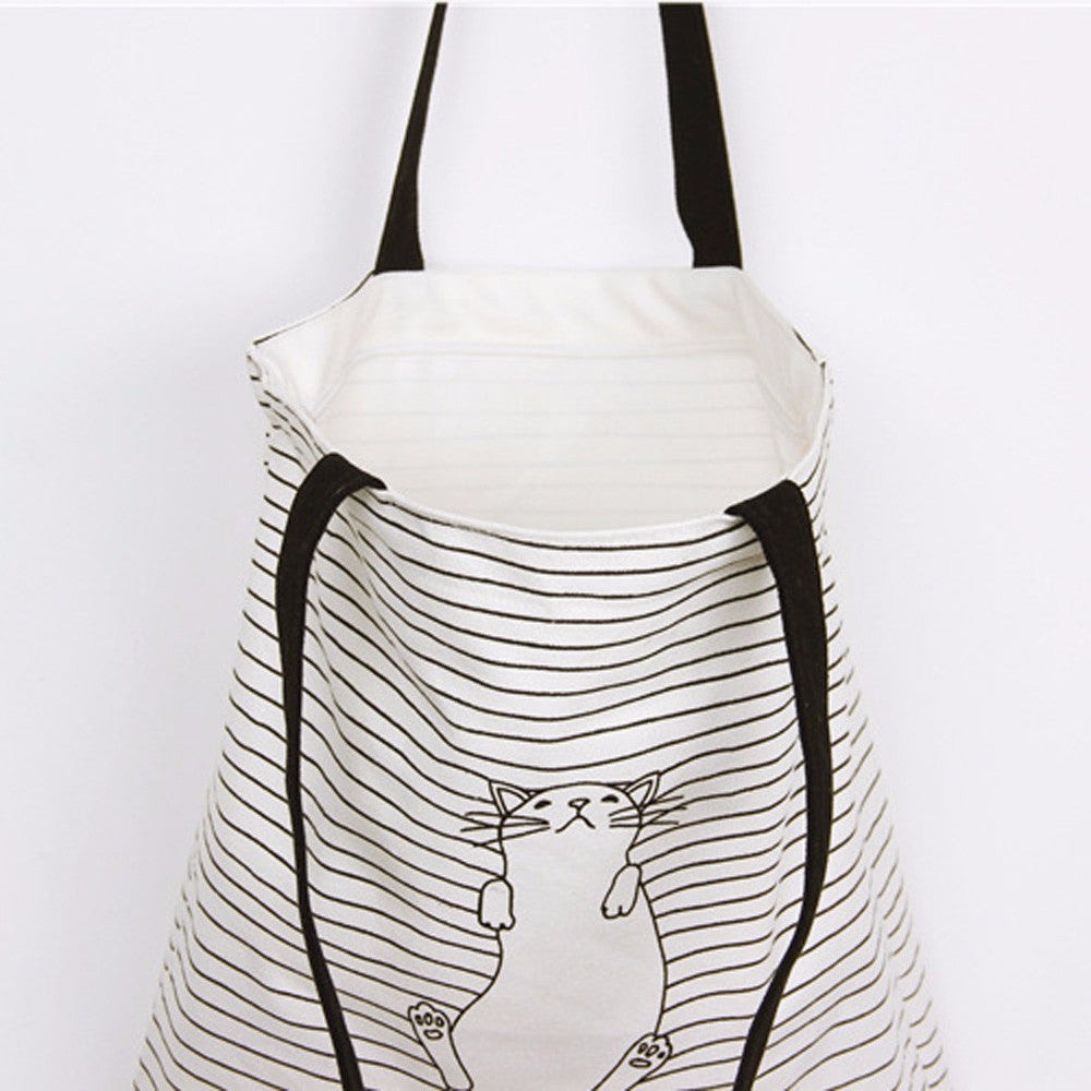 Casual women bag Striped Napping Cat hbags Shoulder Shopping Bag Travel Bags Canvas Tote hbag women bags bolsas ILML