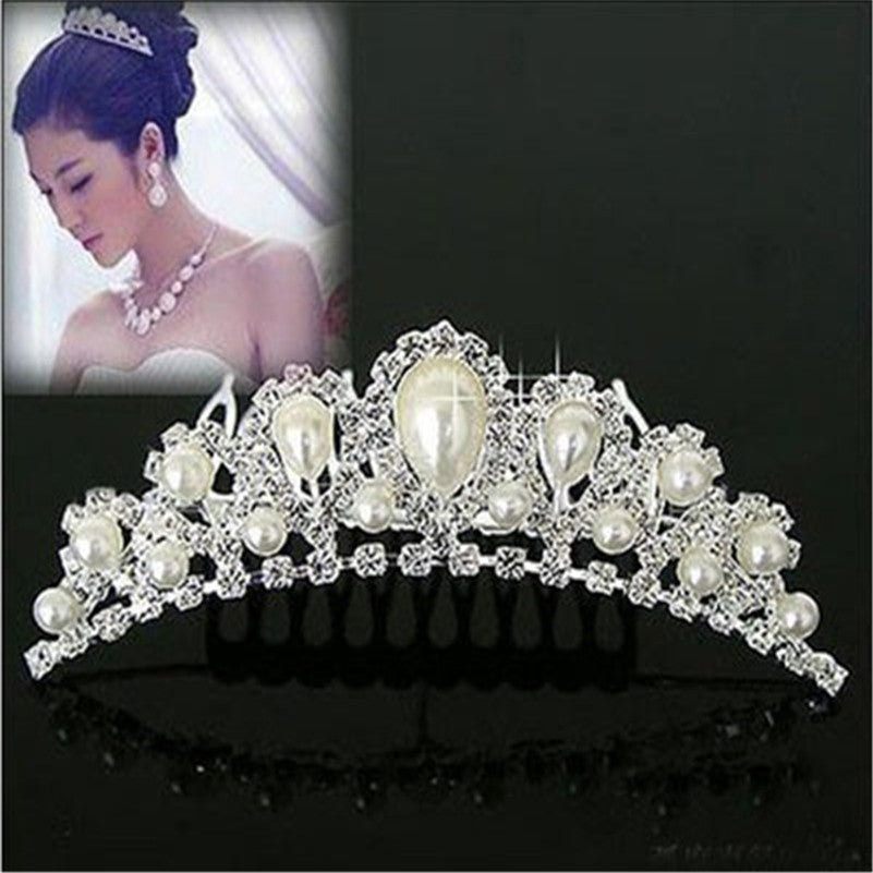 Chic Women Elegant Pearl Rhinestone inlay Crown Tiara Hair Comb Jewelry LKT0004 ILML