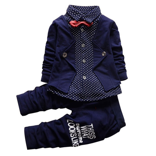 Children's Clothing Sets Baby Boy Gentleman Bow Tie Fake T-shirt Coat  Pants 2pcss Suits Kids Tracksuit Set ILML