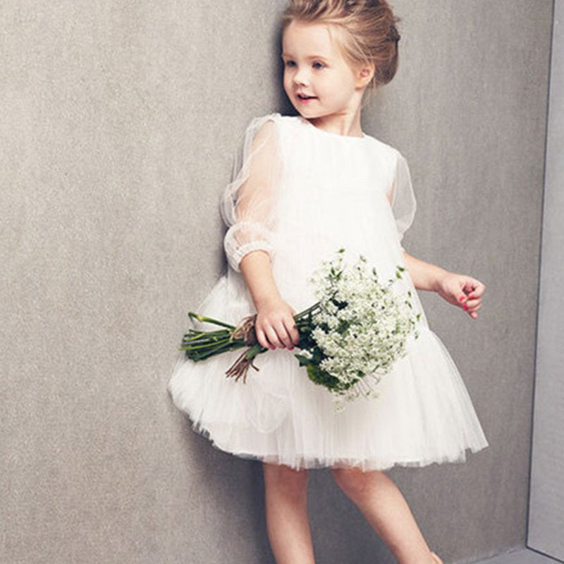 Cute Kids Baby Girls White Short Sleeve Princess Guaze Dress 2-7Years Y2 ILML