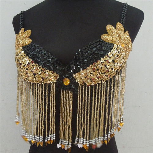 Style Women Sexy Folded Paillette Bead Costume Chiffon Belly Dance Bra Tops ILML