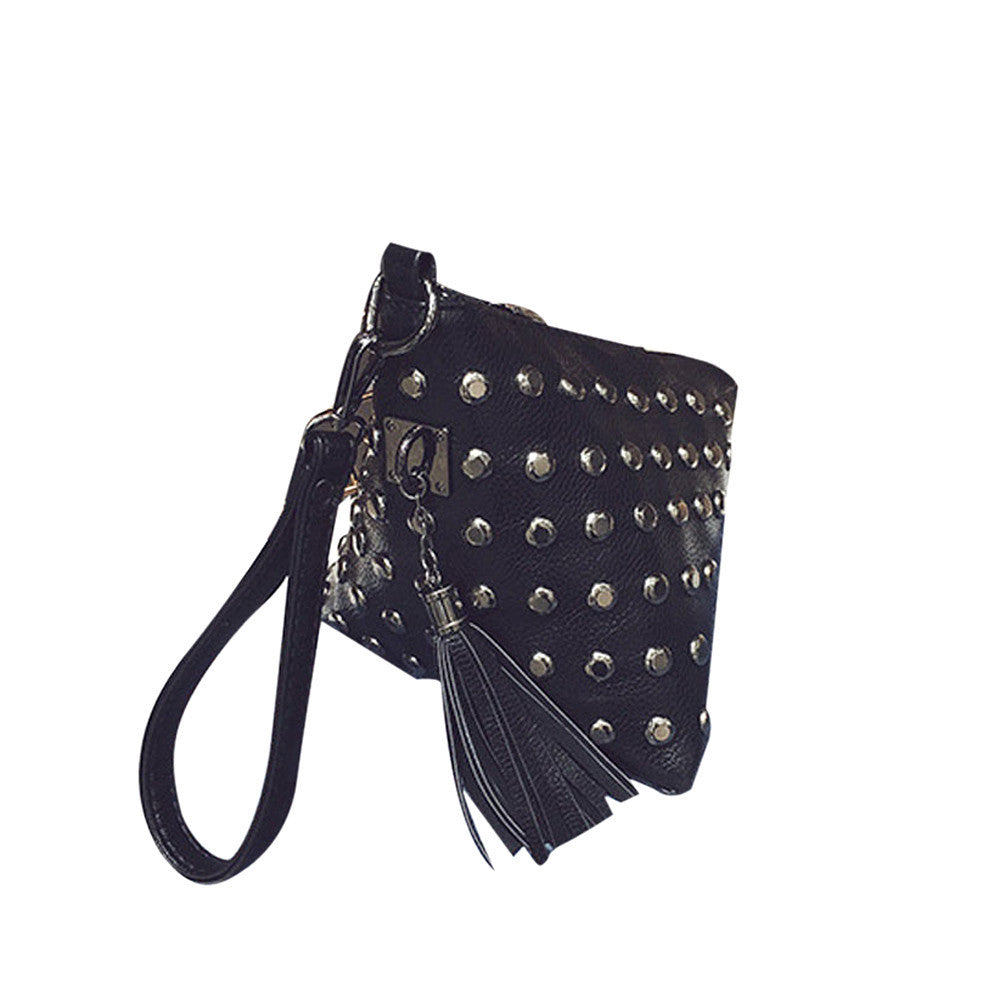 Triangle rivets tassel Clutch Small coin purse woman bag Leather women messenger bags Hbag Shoulder Bags bolsa ILML